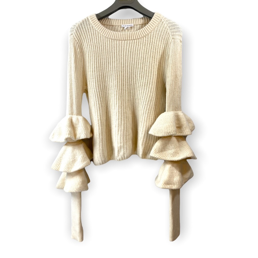 Club Monaco Ribbed Cream Ruffle Sleeve Sweater Size S